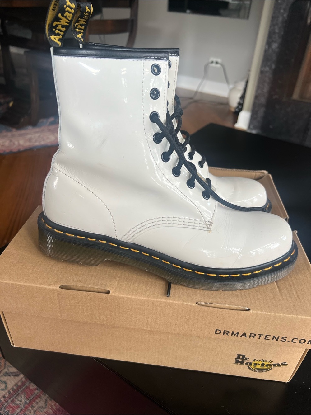 Dr. Martens White Patent 8-Eye Lace-Up Boots with Yellow Stitching